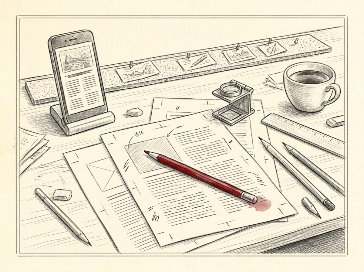 Desen în creion: masa unui editor, cu un telefon pe suport care arată o pagină de newsletter, șpalturi, ilustrații prinse în pioneze, o lupă și un creion roșu de corectură.